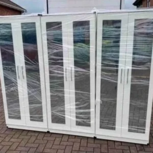 Fully assembled 6 door wardrobe with 6 mirrors, 228cm wide chipboard finish, all doors mirrored, UK delivery