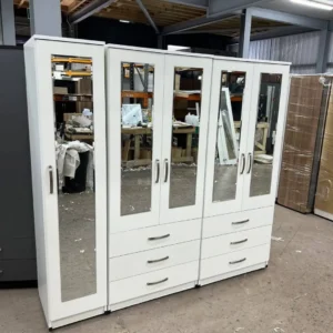 Fully assembled 6 door wardrobe with 4 mirrors, 228cm wide, chipboard finish, UK delivery