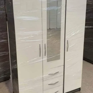 Fully assembled 3 door gents wardrobe with 1 mirror, 114cm wide, hanging rail and 2 drawers, UK delivery