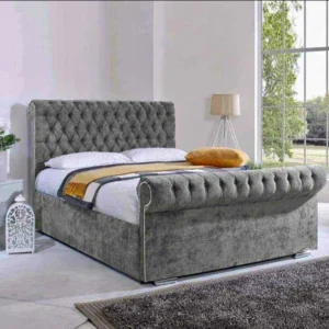 King size sleigh bed with memory sprung mattress and white bedding, curved headboard, UK delivery