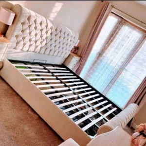 King size sleigh bed frame without mattress, scrolled wooden headboard, UK delivery