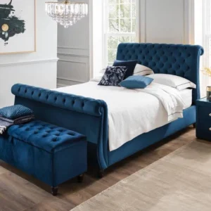 Modern wooden sleigh bed with curved headboard and footboard, UK cash on delivery
