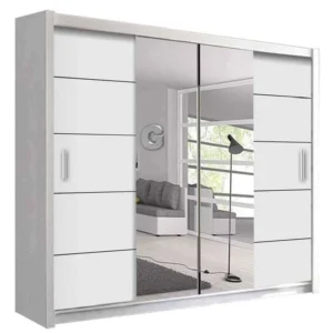 Large 256cm sliding wardrobe with LED lights, mirrored doors and internal drawers, UK delivery