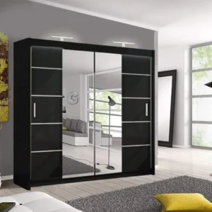 dern 205cm sliding wardrobe with LED strip lights, mirrored doors and drawers, UK delivery